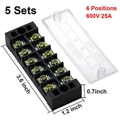 Terminal Block, 6 Circuits 600V 25A Dual Row Screw Terminal Strip, 5 Sets - size: 25A 6P+5pcs Jumpers