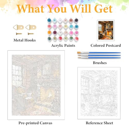 Paint by Numbers Kit for Adults, Cozy Fireplace & Rustic Cabin, 16x20 Inch - color: HMOP251002