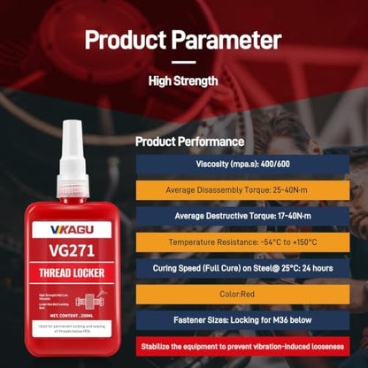 VIKAGU 271 Red High Strength Threadlocker - Medium Viscosity Glue,Easy Infiltrated Thread Lock - Permanent Adhesive for Metal Bolts & Nuts - Quick Cure Formula - 1.69Oz/50ml, 2 Pack - style: $15.99/50ML*2
