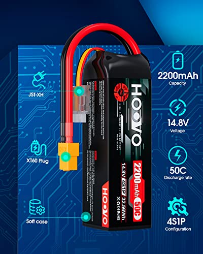 HOOVO 4S 14.8V 2200mAh 50C Lipo Battery Pack with XT60 Connector 2 Packs