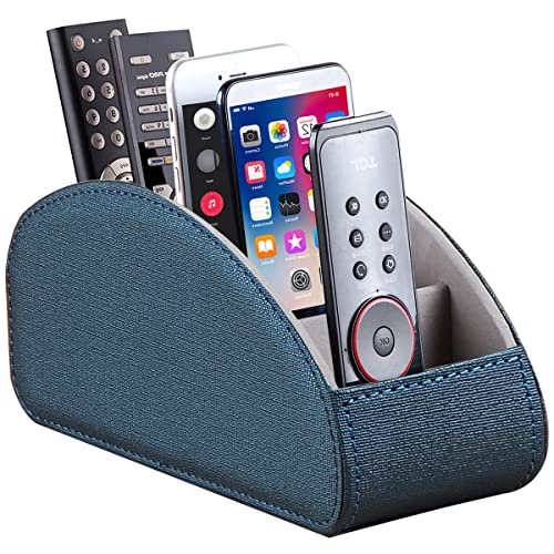 Remote Control Holder, Leather 5 Rooms Desk Organizer and Decorations for Living Room, Bedside Table Remotes Caddy for TV Controllers/ Makeup Brush Pen/ Office Stationery/ Art Supplies/ Eyeglasses - color: Blue, size: Large