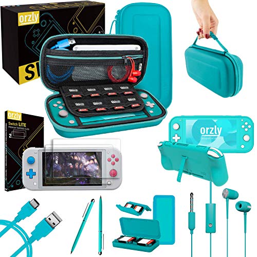 Orzly Switch Lite Accessories Bundle - Case & Screen Protector for Nintendo Switch Lite Console, USB Cable, Games Holder, Grip Case, Headphones, Thumb-Grip Pack & More (Gift Pack - Turquoise Blue) - color: Blue