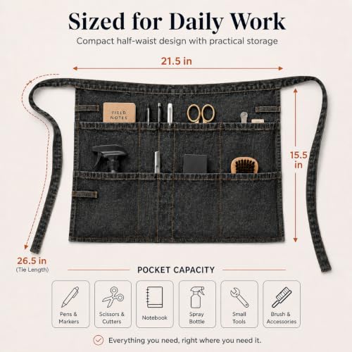 Denim Apron, Waist Apron with Pockets and Adjustable Long Ties - color: Waist Apron-black, size: Medium