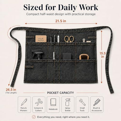 Denim Apron, Waist Apron with Pockets and Adjustable Long Ties - color: Waist Apron-black, size: Medium