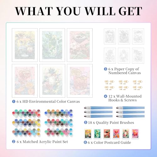 6 Pack Paint by Numbers Kit for Adults, Cocktail Drinks Canvas Painting Set - color: Cocktail-1