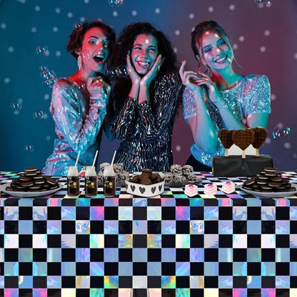 OQOQ Iridescent Checkered Tablecloth 2 Packs, Black & Sliver, 54x108 Inches - color: Black Silver Checkered