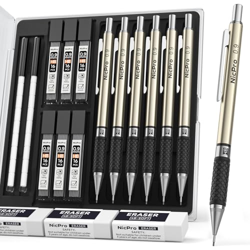 Nicpro 0.9 mm Art Mechanical Pencils Set in Case, 6 PCS - style: 6 Pack (0.9mm)