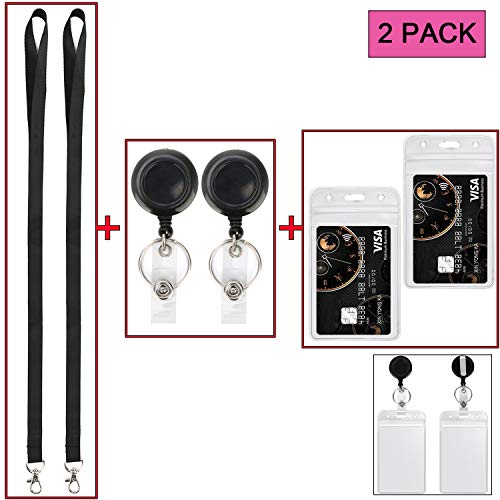 2Pack Black Lanyards,Retractable Badge Reel with Vertical ID Badge Holder - color: Black - 2 Pack