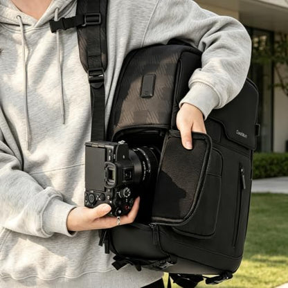 Cwatcun Camera Backpack Large PU Leather, DSLR Bag Case with Tripod Holder - color: Black, size: 9.0 Large