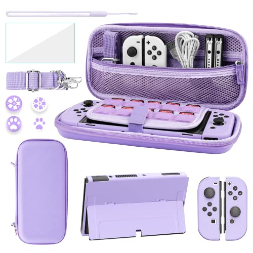 FANPL Case bundle for Nintendo Switch OLED Accessories, Carrying Case for Switch OLED and JoyCon Controller with Hard Flip Protective Case and Screen protector, 4 Thumb Grips, Shoulder Strap (Purple) - color: Purple