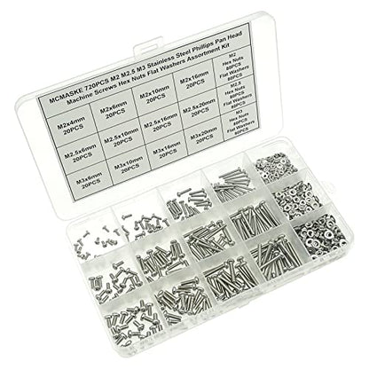 720PCS M2 M2.5 M3 Stainless Steel Phillips Pan Head Machine Screws Nuts Flat Washers Assortment Kit - size: M2, M2.5, M3