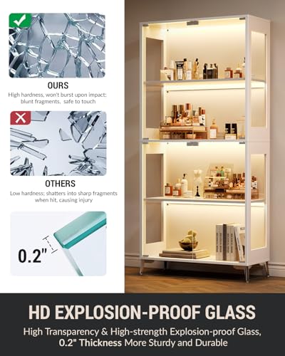 Display Cabinet with Glass Doors, 4-Tier, RGB Lights, Adjustable Shelves - color: White & Glass Double Door