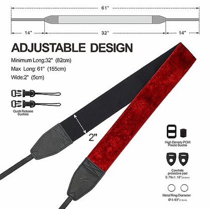 Padwa Lifestyle Velvet Camera Strap - 2" Double Layer Full Grain Cowhide Leather Head Camera Straps for Photographers,Unique Soft Velvet Fabric with Quick Release fits all Cameras - Ruby Red - color: Red Ruby