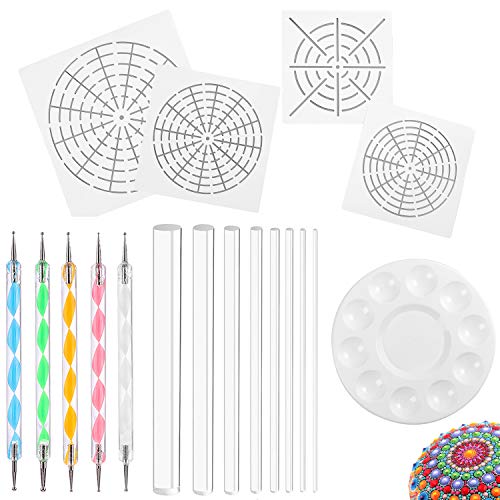Whaline 18 Set Art Dotting Tools Mandala Dotting Tools Set Including 4 Mandala Stencils, 8 Acrylic Rods, Paint Tray and 5 Double Sided Dottings Tool