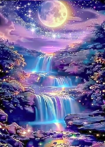 ZeeLionArt Diamond Art Kit, Starry Moonlight Waterfall, 12 x 16 Inch - color: DP04326