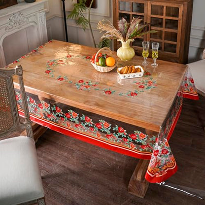 ARTABLE Clear Vinyl Tablecloth Pomegranate Floral Print Wipeable 52x70 Inch - color: Pomegranate, size: 70" x 52" (Rectangular)