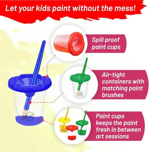 Paint Cups with Lids for Kids 6 No Spill Paint Containers & Paintbrushes - size: 6 Pack