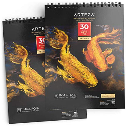 ARTEZA Black Paper Sketchbooks, 11 x 14 in, 2 Pack, 60 Sheets for Drawing