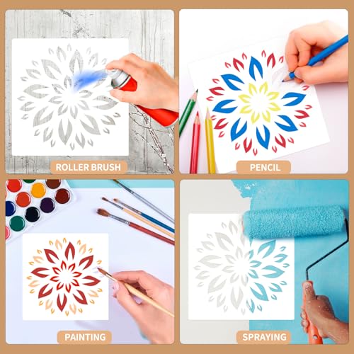 MWOOT 7 Pcs Mandala Stencils Set, 7 Sizes Flower Stencil Templates for Painting on Wood Tile Canvas, Wall Stencils for Crafts Reusable, Plastic Stencil for DIY Crafts and Scrapbook Decor 3-7.8"