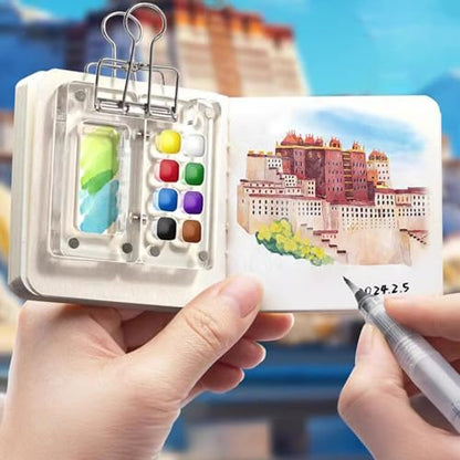 Mini Watercolor Travel Set with 8-Well Bamboo Palette and Sketchbook - color: Bamboo 8 Grids