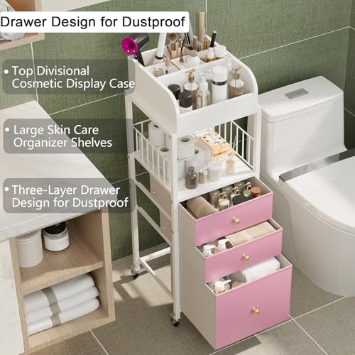 Makeup Organizer Storage Cart with Drawers Rolling Makeup Cart with Wheels - color: Pink