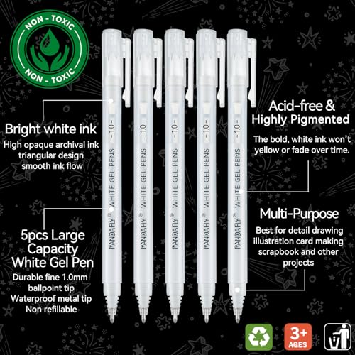 PANDAFLY White Gel Pens, 1mm Fine Point, 5 Pack - color: White