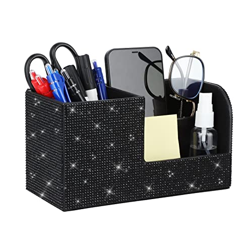 Desk Pen Pencil Holder Bling Pasted Rhinestones Paper Stationery Storage Box, Multi-functional Organizer for Pen,Pencil,Cell phone,Business Name Cards,Eye Glasses,Remote Control Holder (Black) - color: Black