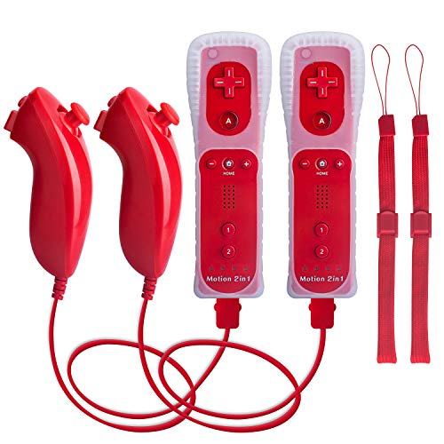 Motion Plus Wii Controllers 2Packs with Nunchucks, Wii Remote Controllers Compatible for wii and Wii U with Built in Motion Plus - color: red+red