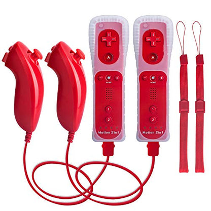 Motion Plus Wii Controllers 2Packs with Nunchucks, Wii Remote Controllers Compatible for wii and Wii U with Built in Motion Plus - color: red+red