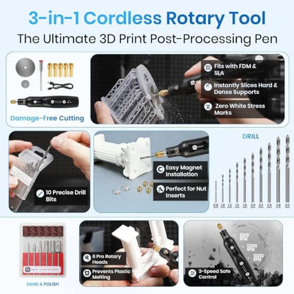 142Pcs 3D Printer Tools Kit with 4-Layer Slotted Case, 3D Printer Accessories - Cordless Rotary Tool, Heat Gun, PTFE Nozzle Anti-Stick, Deburring Tool for Bambu Lab, Flashforge, Ender 3, Anycubic