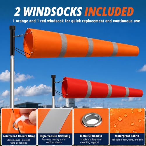 Tredre Airport Windsock Pole Kit with Swivel, 2 Wind Socks 8 x 36 in