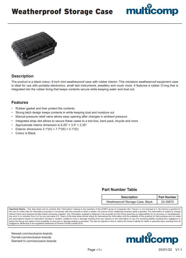 multicomp PRO 8" Weatherproof Equipment Case, made of Polypropylene Plastic, Black, 7.5" X 5" X 3.25"