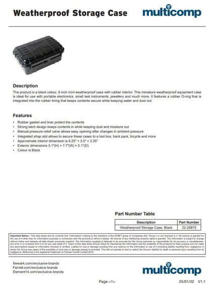 multicomp PRO 8" Weatherproof Equipment Case, made of Polypropylene Plastic, Black, 7.5" X 5" X 3.25"