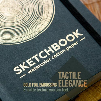 Compact Watercolor Sketchbook (8×5”) – 100% Cotton Paper, 200gsm, 80 Pages – A5 Travel Watercolor Journal with Lay-Flat Binding – Durable Soft Cover (Tree Ring) - color: Tree