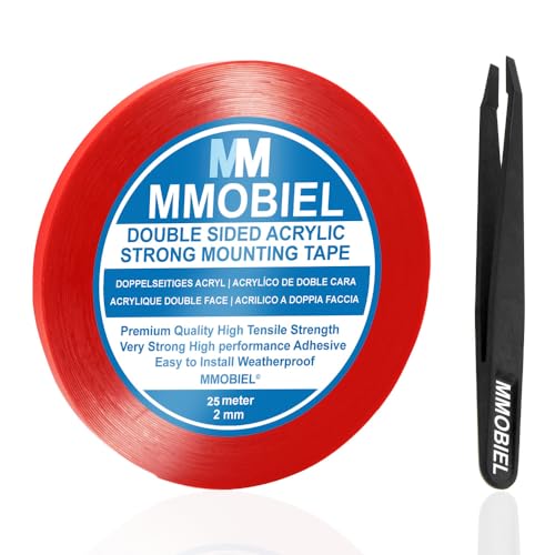MMOBIEL Clear Double Sided Acrylic Tape 2mm 25m (82ft) Removable Mounting Adhesive Strip with Red Liner – Transparent, Weatherproof, Ultra Strong for Electronics, Wall, Auto Use - size: 2 mm