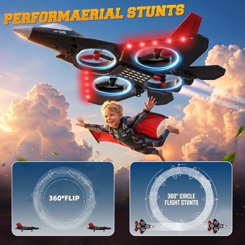 BEZGAR RC Fighter Jet Toy, RC Plane with LED Lights & 360° Flip, Red - color: Red