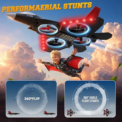 BEZGAR RC Fighter Jet Toy, RC Plane with LED Lights & 360° Flip, Red - color: Red