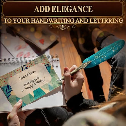 Lagarto Feather Pen and Ink Set, 11.4", 6 Steel Nibs, Inkwell (Turquoise) - color: Turquoise