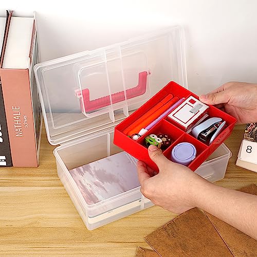 JUXYES Clear Art Craft Supply Storage Bin Sewing Box With Handle Lid - color: Red, size: 1 Pack