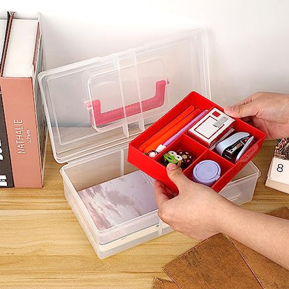 JUXYES Clear Art Craft Supply Storage Bin Sewing Box With Handle Lid - color: Red, size: 1 Pack