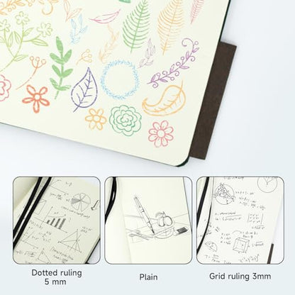 A5 Leather Hardcover Notebook - 192 Pages Thick 100GSM Paper, Dotted/Grid/Blank, with Elastic Band & Inner Pocket for Writing, Sketching, Journaling (Black)