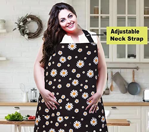 Plus Size Adjustable Bib Apron Water Resistant Canvas Extra Wide Long Ties Aprons with 2 Pockets Kitchen Cooking Gardening - color: Daisy