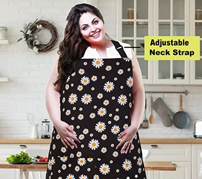 Plus Size Adjustable Bib Apron Water Resistant Canvas Extra Wide Long Ties Aprons with 2 Pockets Kitchen Cooking Gardening - color: Daisy