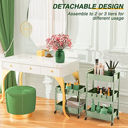 LEHOM 3 Tier Rolling Cart, Metal Rolling Utility Cart with Lockable Wheels - color: Green