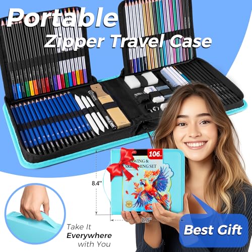 106 Pack Drawing Set Sketching Kit, Pro Art Supplies Sketch Pencils Set - color: Teal, size: 106 Pack