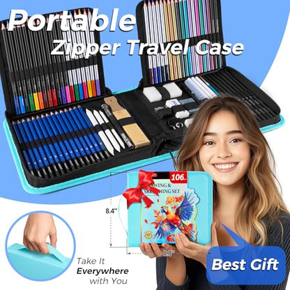 106 Pack Drawing Set Sketching Kit, Pro Art Supplies Sketch Pencils Set - color: Teal, size: 106 Pack
