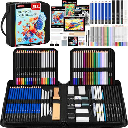 133 Pack Drawing Set Sketching Kit, Pro Art Supplies Sketch Pencils Set - color: Black, size: 133 Pack