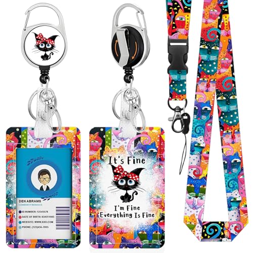 I'm Fine Cat ID Badge Holder with Lanyard, Funny Cat Retractable Reel Clip - color: Colorfulcat