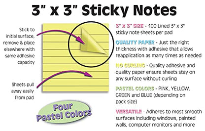 Lined Sticky Notes 3 x 3, 10 Pack, 1,000 Sheets (100/Pad), Self Stick Notes with Lines, Assorted Pastel Colors, by Better Office Products, Post Memos, Strong Adhesive, 10 Pads