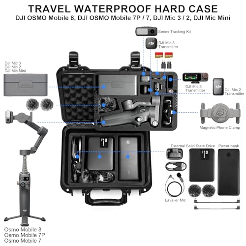 Lekufee Portable Waterproof Hard Case for DJI Osmo Mobile 8, Osmo Mobile 7P / 7, Gimbal Stabilizer, DJI Mic 3/2 / Mic Mini & More Accessories(Case Only)